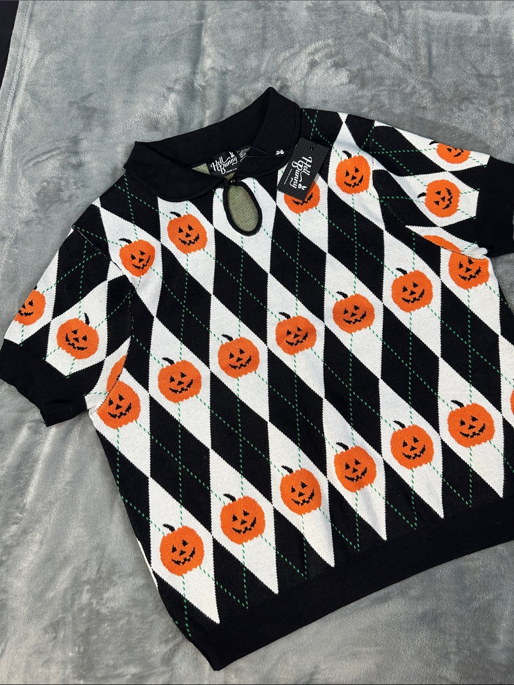 NWTS Hell Bunny Black, White & Orange Argyle Pumpkin 🎃 Head Knit Top Sz 4XL
